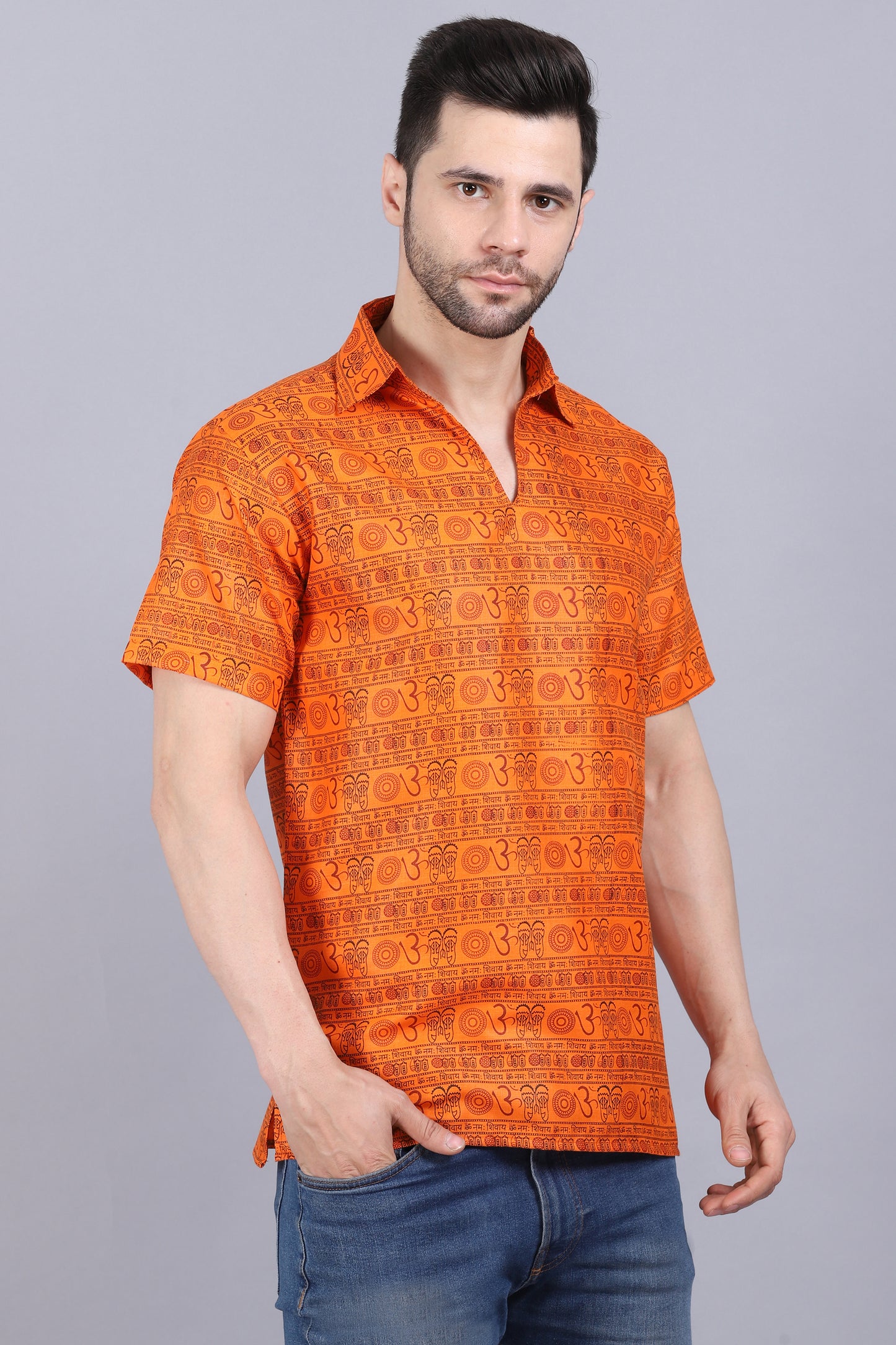 AXOLOTL Premium Om Mantra Religious Print Cotton Blend Men Short Kurta