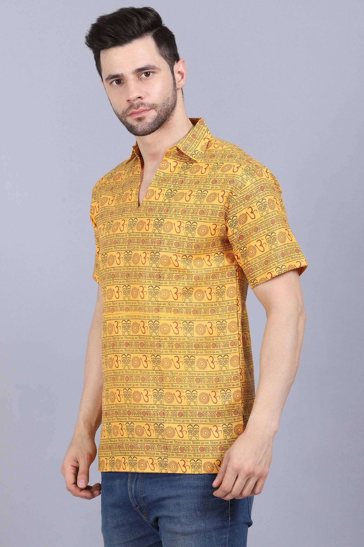 AXOLOTL Premium Om Mantra Religious Print Cotton Blend Men Short Kurta