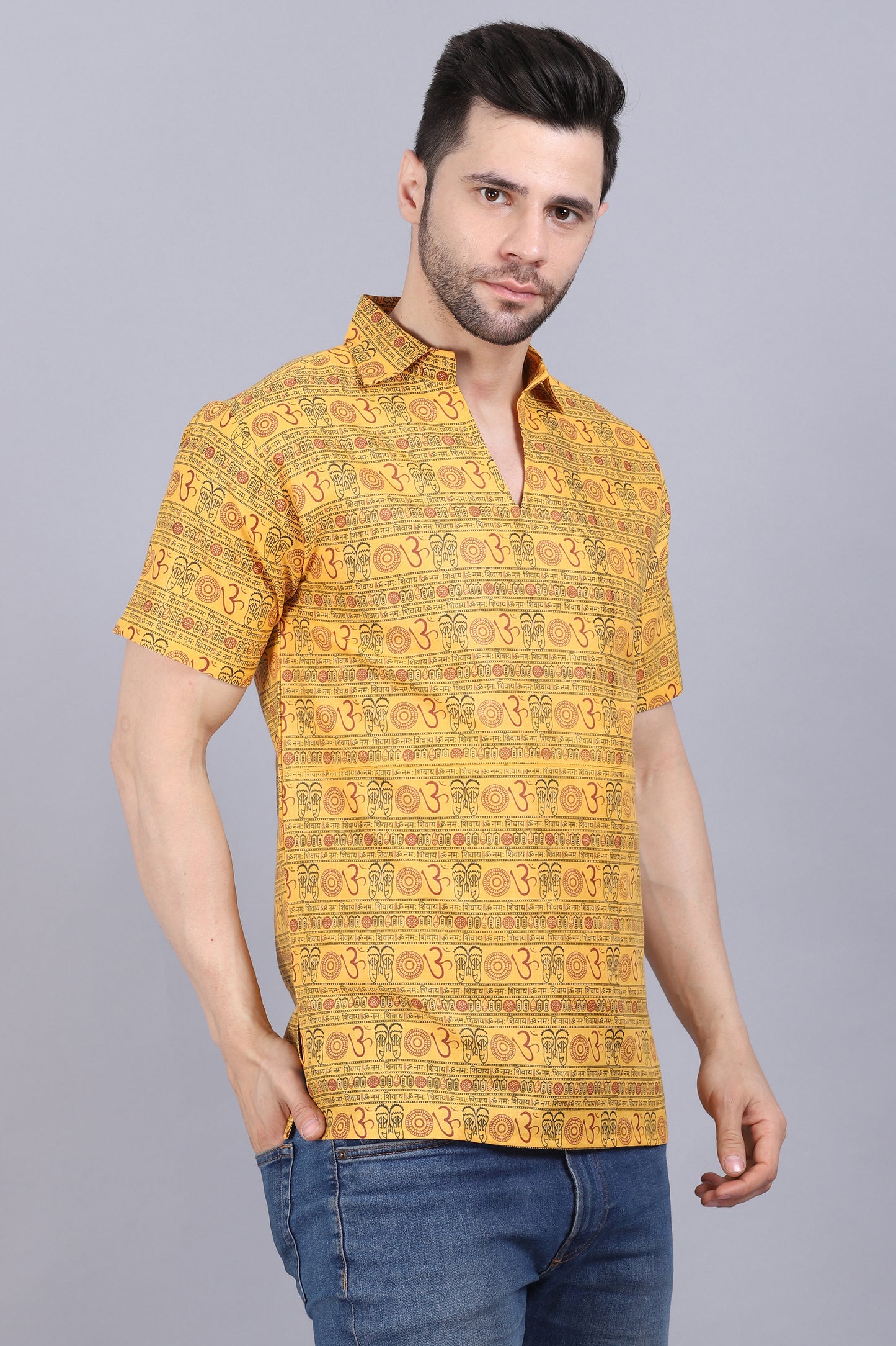 AXOLOTL Premium Om Mantra Religious Print Cotton Blend Men Short Kurta