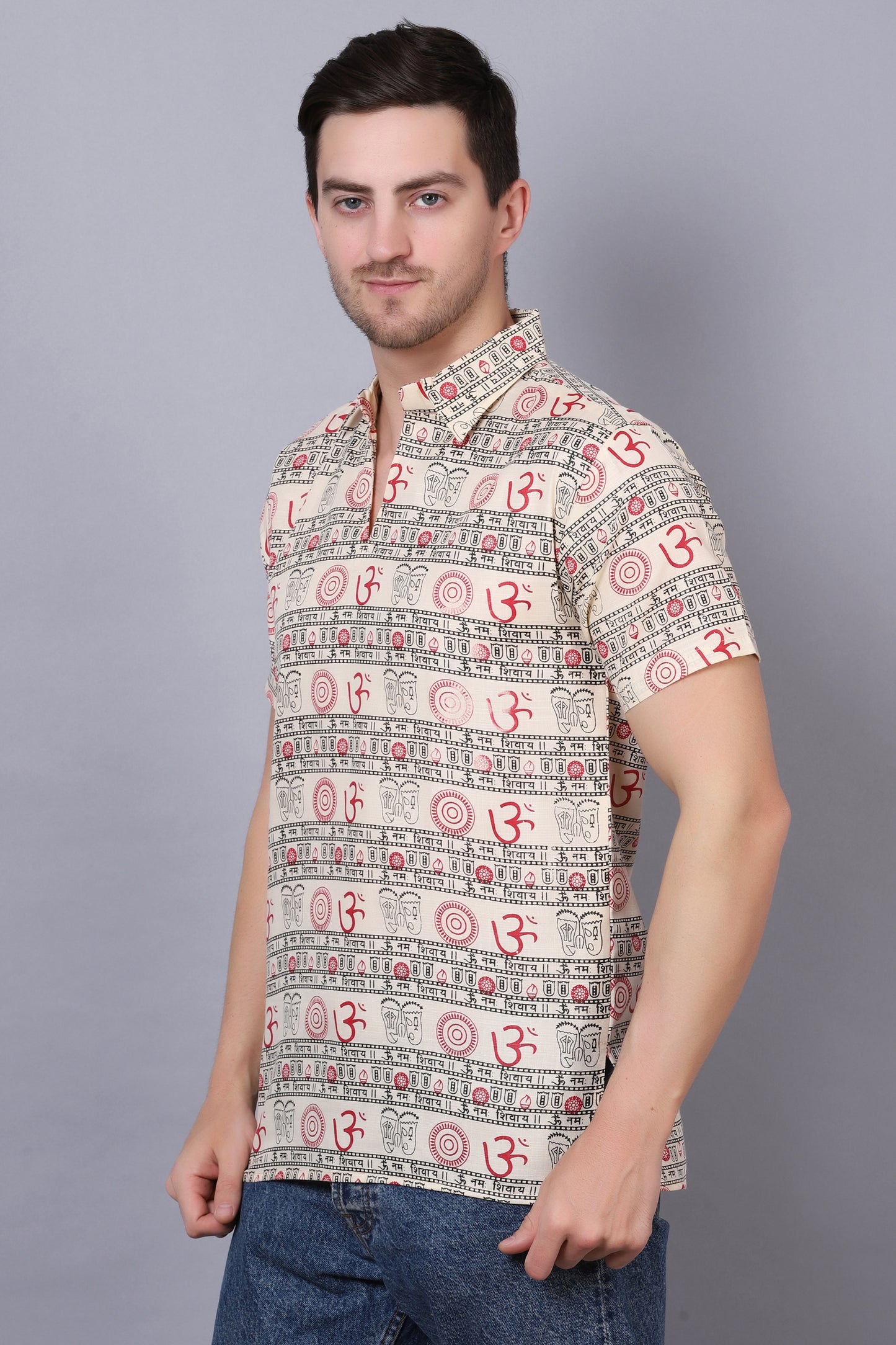 AXOLOTL Premium Om Mantra Religious Print Cotton Blend Men Short Kurta