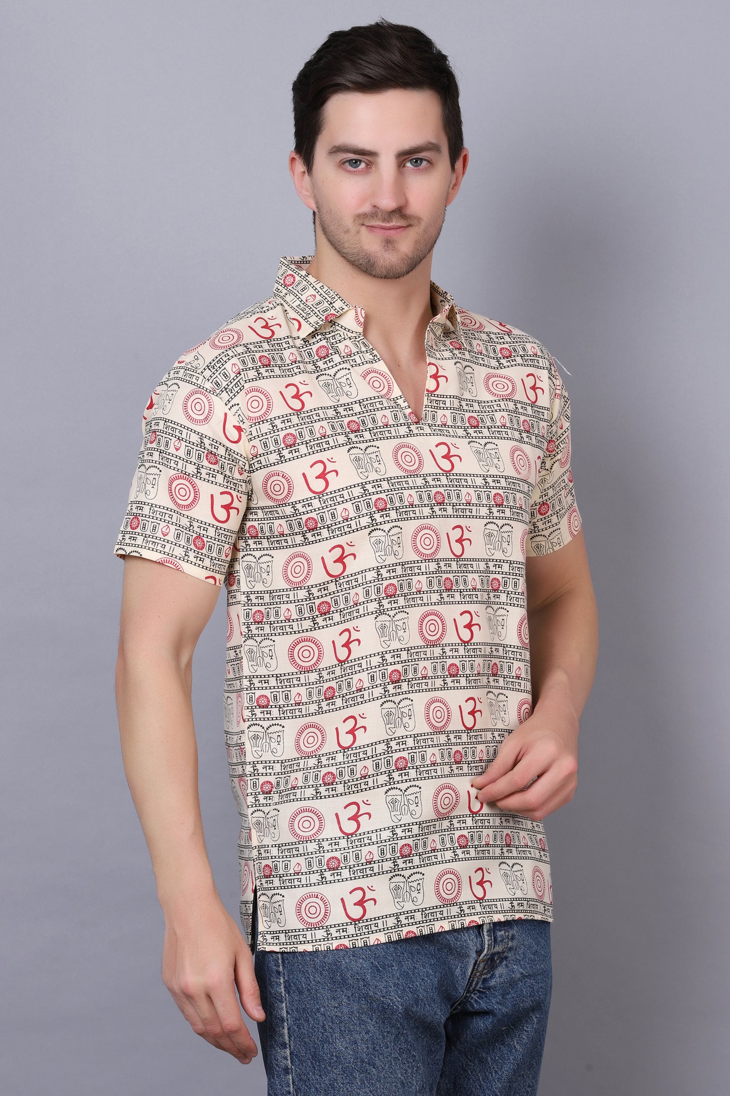 AXOLOTL Premium Om Mantra Religious Print Cotton Blend Men Short Kurta