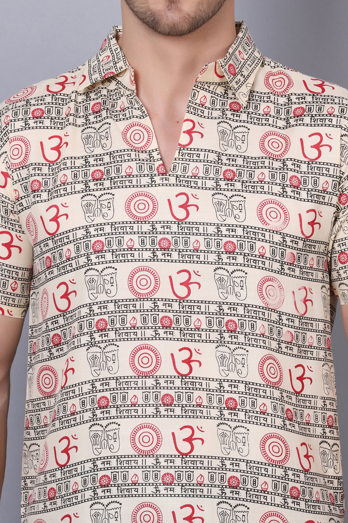 AXOLOTL Premium Om Mantra Religious Print Cotton Blend Men Short Kurta