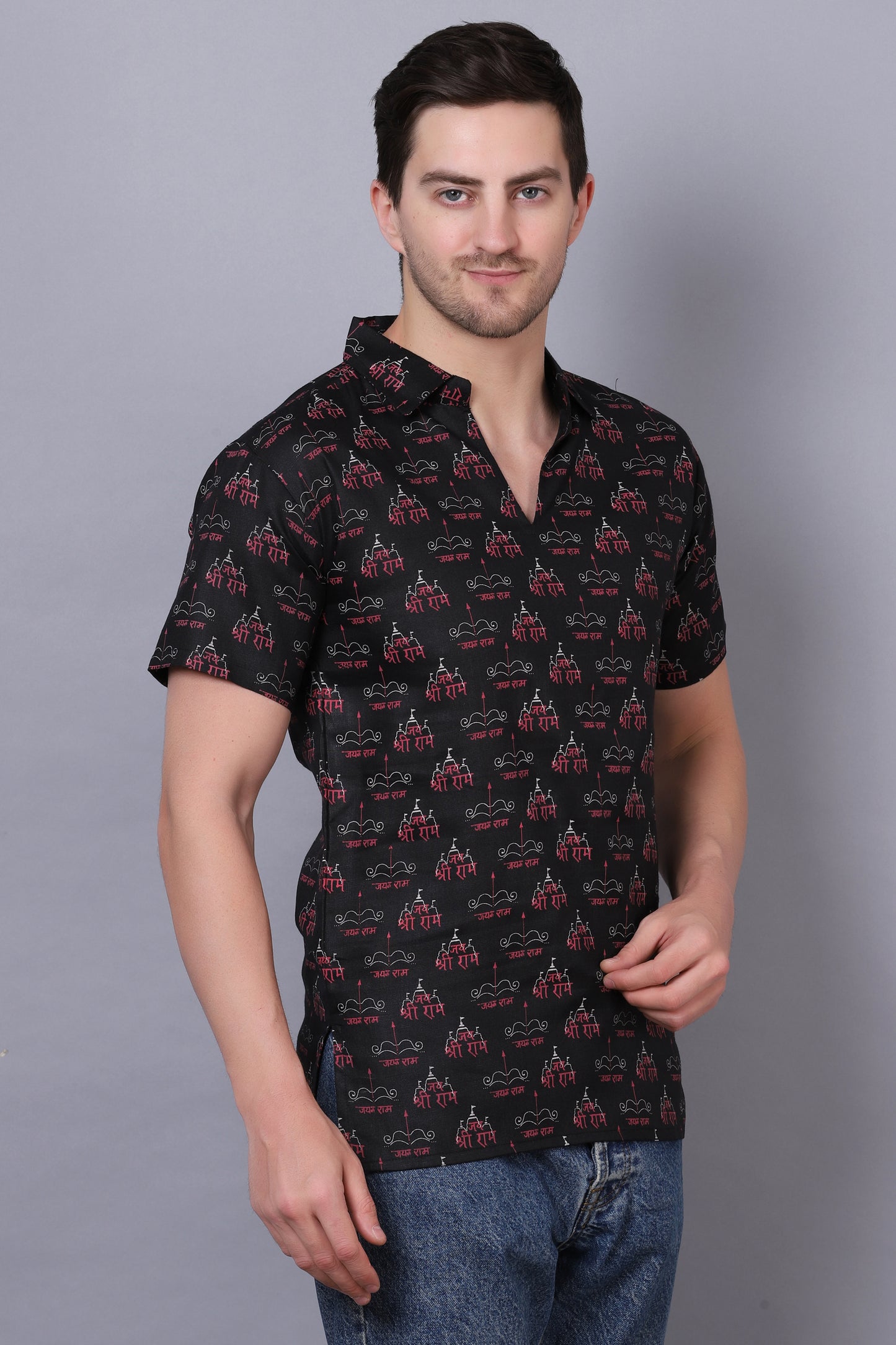 AXOLOTL Premium Jay Shree Ram Religious Print Cotton Blend Men Short Kurta