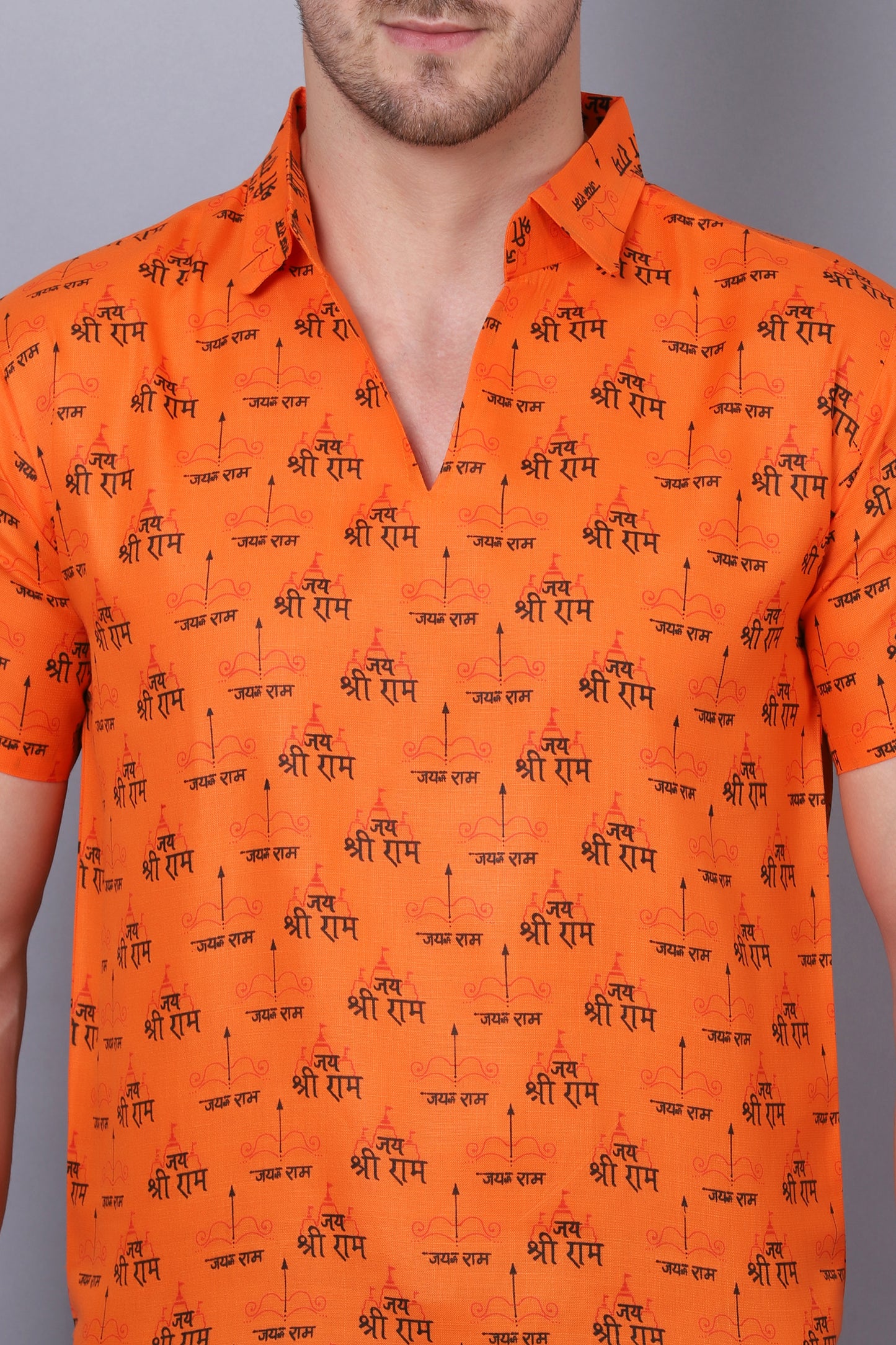 AXOLOTL Premium Jay Shree Ram Religious Print Cotton Blend Men Short Kurta